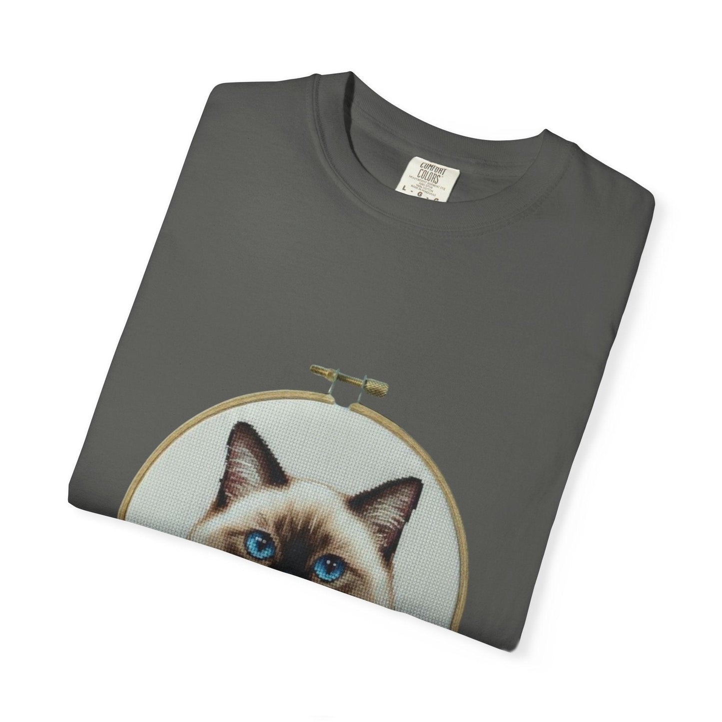Blue-Eyed Siamese Cat Portrait T-Shirt | Embroidery Hoop Floral Design