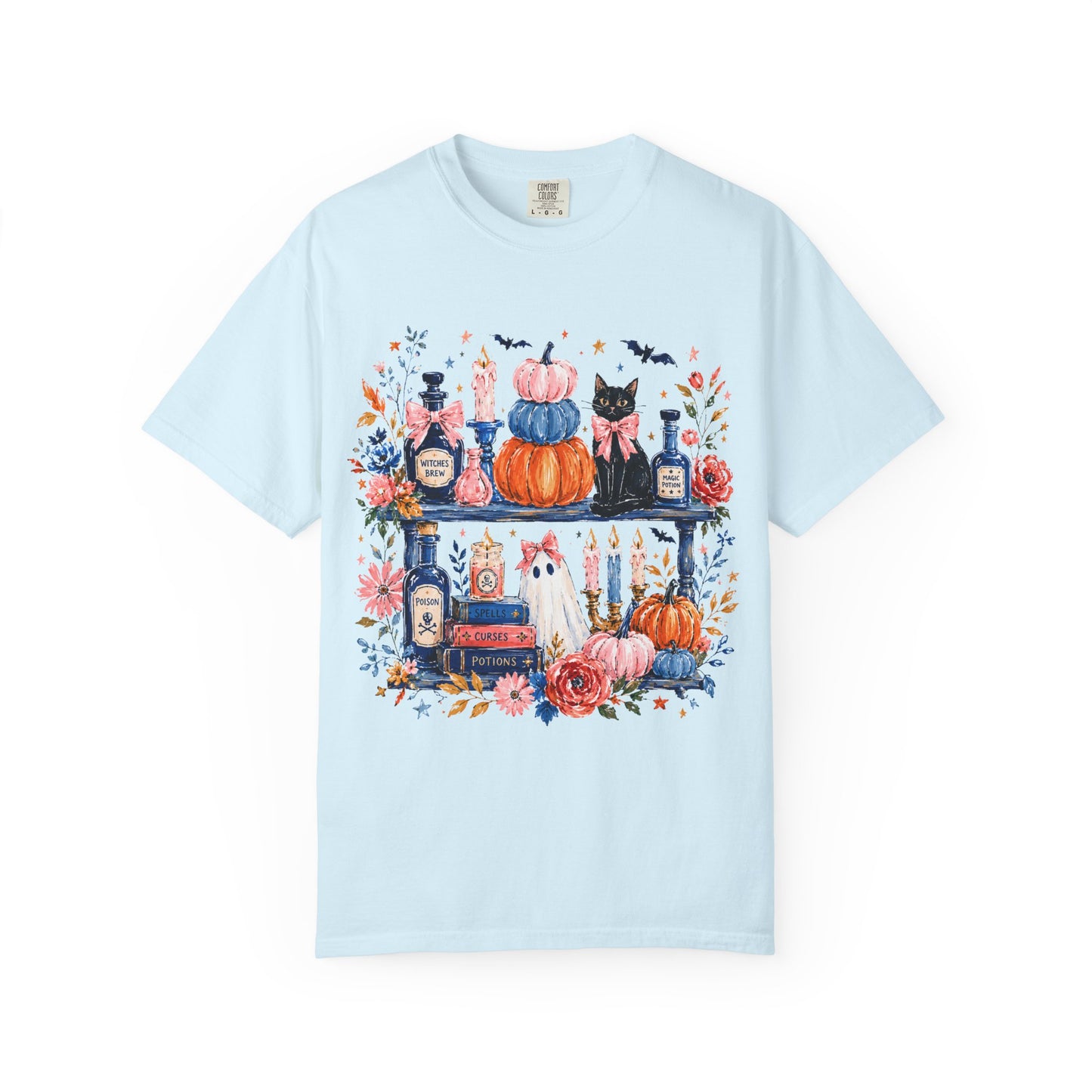 Autumn Apothecary Illustration T-shirt | Pumpkins, Black Cat, Potion Bottles