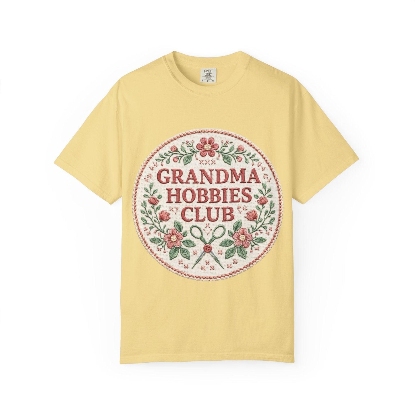 Grandma Hobbies Club T-shirt | Floral Needlework Scissors Embroidery Design