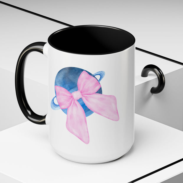 Blue Saturn Wrapped In A Pink Bow Accent Coffee Mug