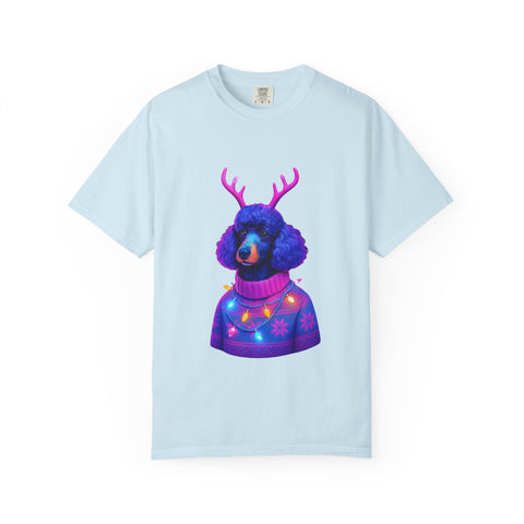 Poodle with Antlers in Light-Up Sweater T-Shirt | Neon Holiday Dog Design