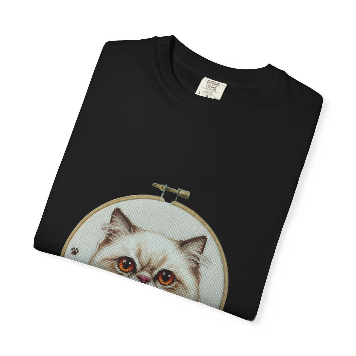 Persian Cat Portrait T-shirt | Embroidery Hoop Floral Illustration