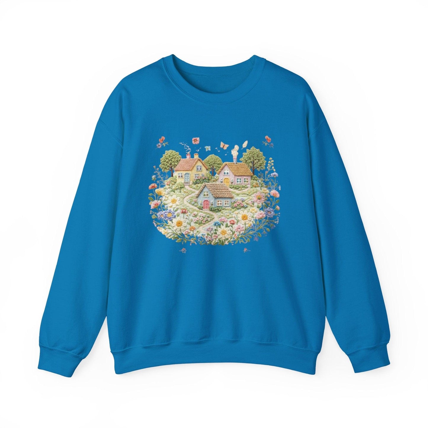 Cottage Garden Illustration Sweatshirt | Floral Village Scene, Cozy Spring