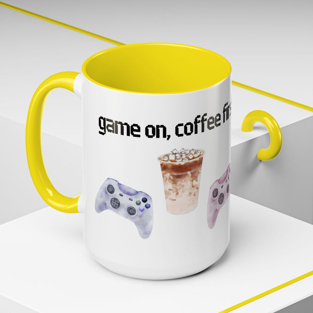 'Game On, Coffee First' Accent Coffee Mug