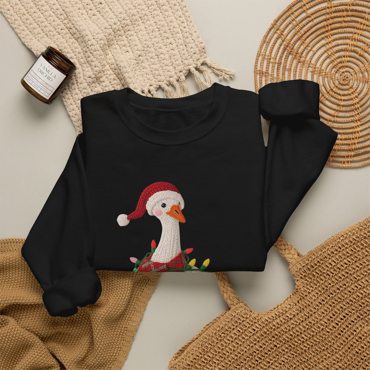Christmas Goose Wearing Santa Hat Crewneck Sweatshirt | Holiday Duck in Lights