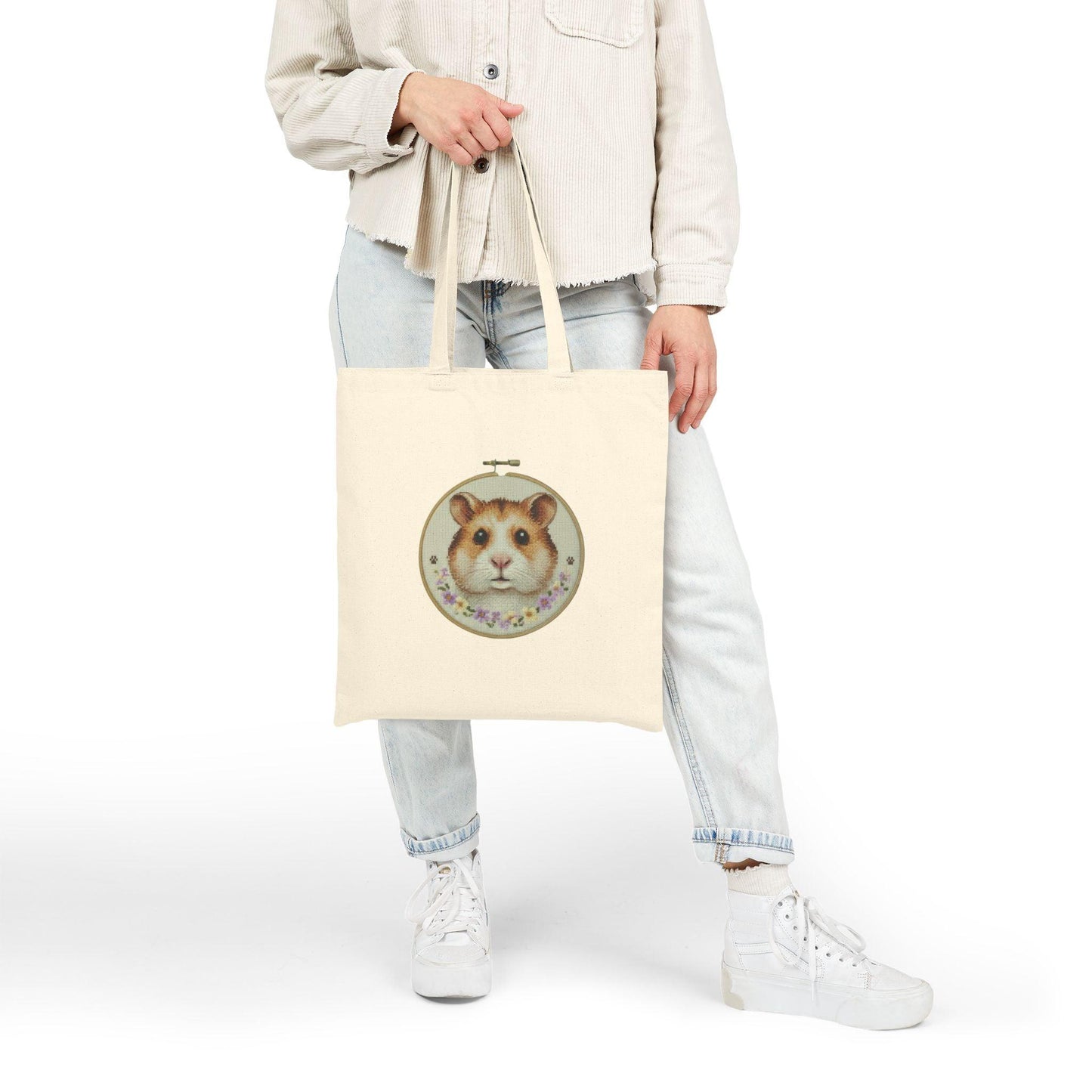 Cute Hamster Portrait Tote Bag | Embroidery Hoop Floral Accent