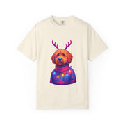 Golden Doodle in Reindeer Antler Sweater T-Shirt | Holiday Dog Portrait