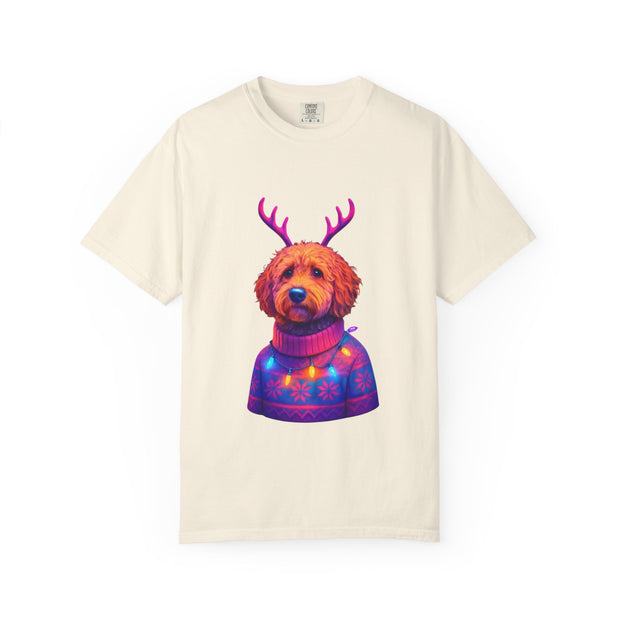 Golden Doodle in Reindeer Antler Sweater T-Shirt | Holiday Dog Portrait