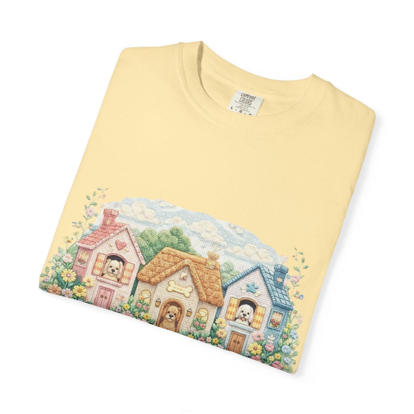 Cute Cottage Row illustration T-shirt | pastel village floral path