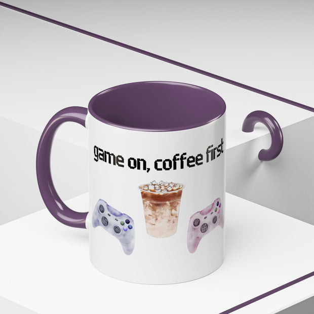 'Game On, Coffee First' Accent Coffee Mug