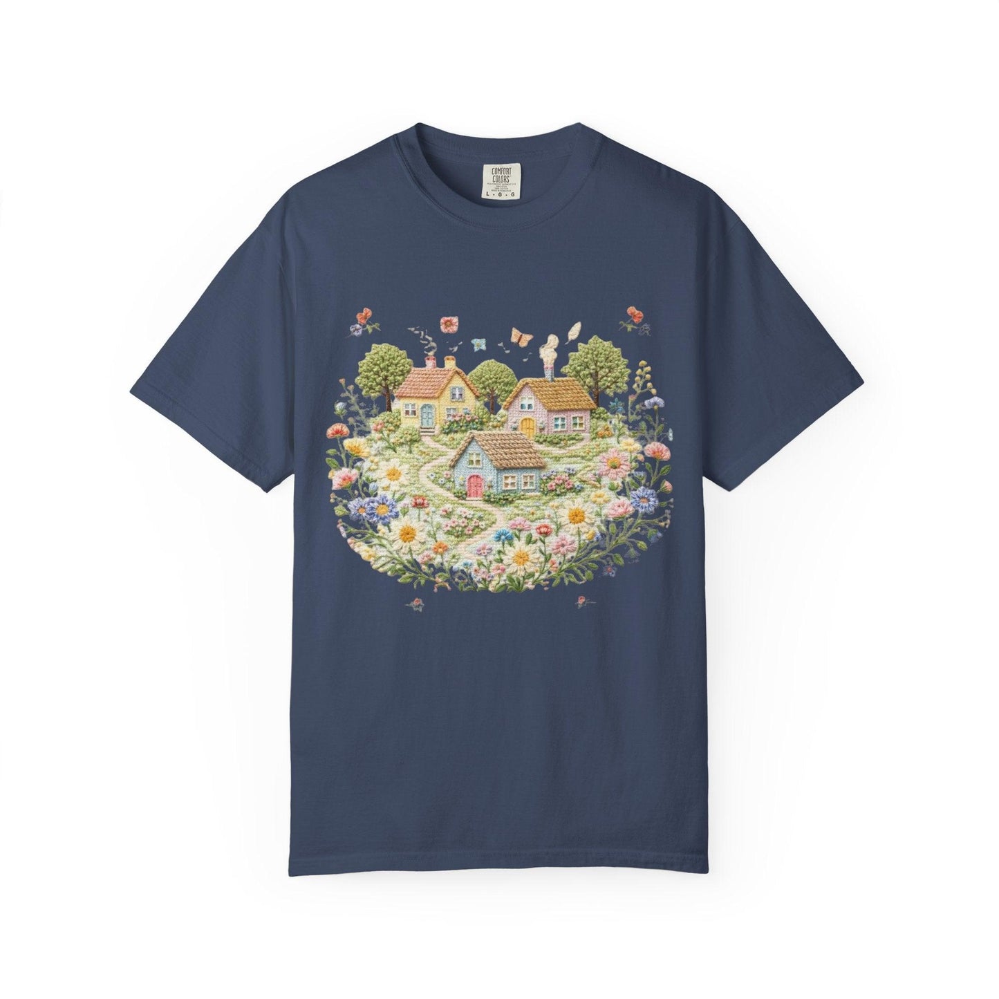 Cottage Garden Landscape T-shirt | Floral Village Illustration