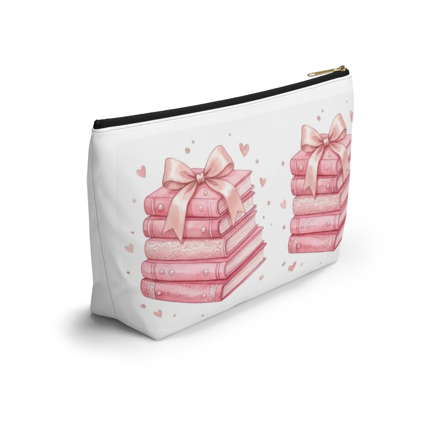 Stacked Pink Books with Bow Accessory Pouch | Cute Book Lover Cosmetic Bag