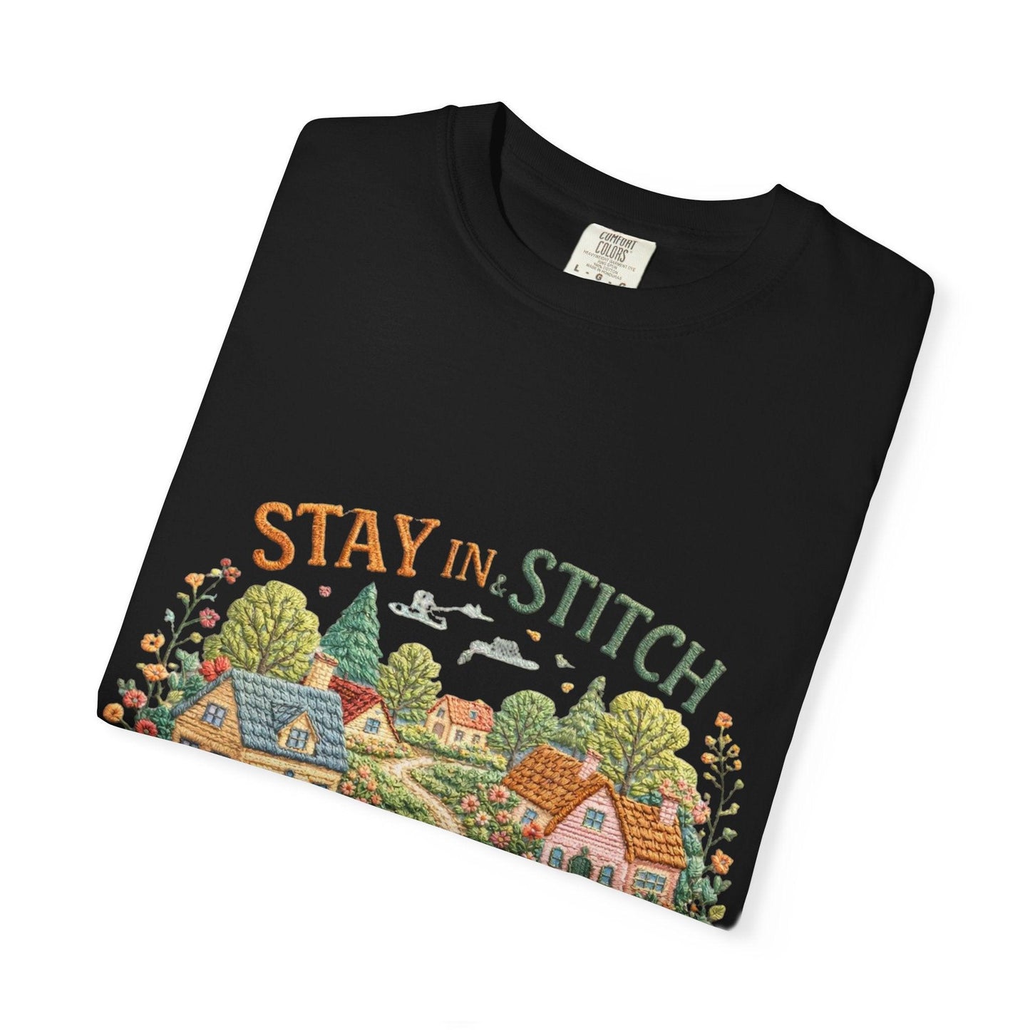 Stay In and Stitch Shirt, Cottagecore Sewing Tee, Grandma Hobbies Top, Vintage Cross Stitch Floral Village