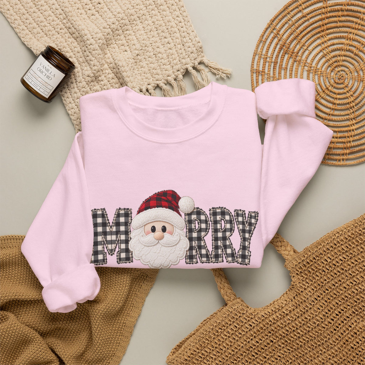 Merry Christmas Sweatshirt, Santa Christmas Crewneck, Plaid Holiday Sweater, Cute Santa Shirt, Cozy Christmas Gift for Her