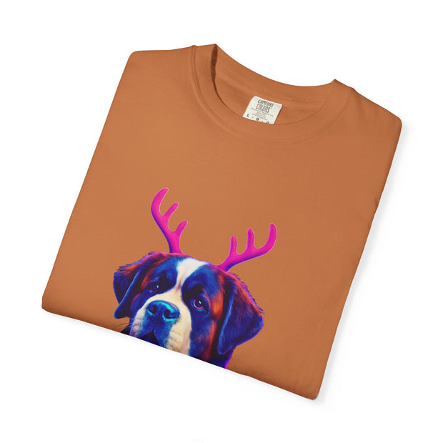 Saint Bernard in Reindeer Antlers T-Shirt | Holiday Dog Sweater Design