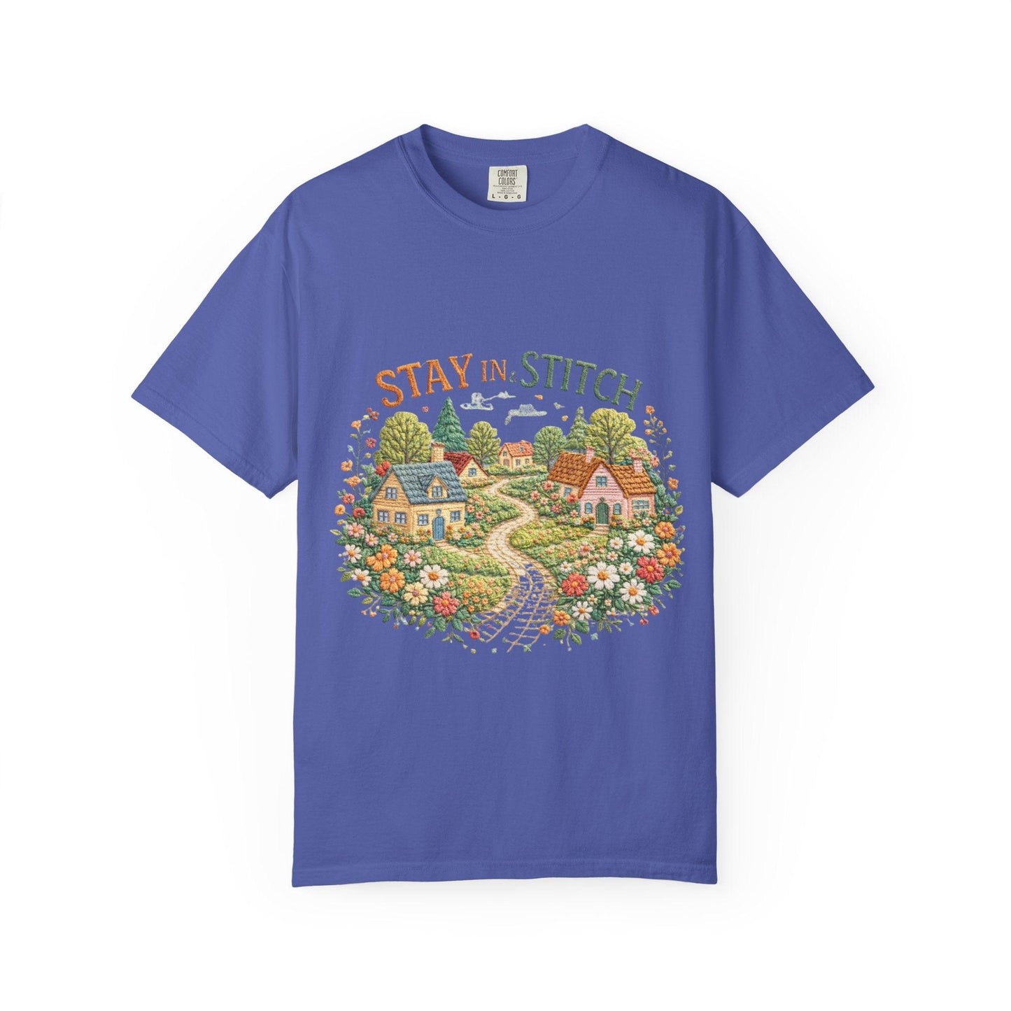 Stay In and Stitch Shirt, Cottagecore Sewing Tee, Grandma Hobbies Top, Vintage Cross Stitch Floral Village