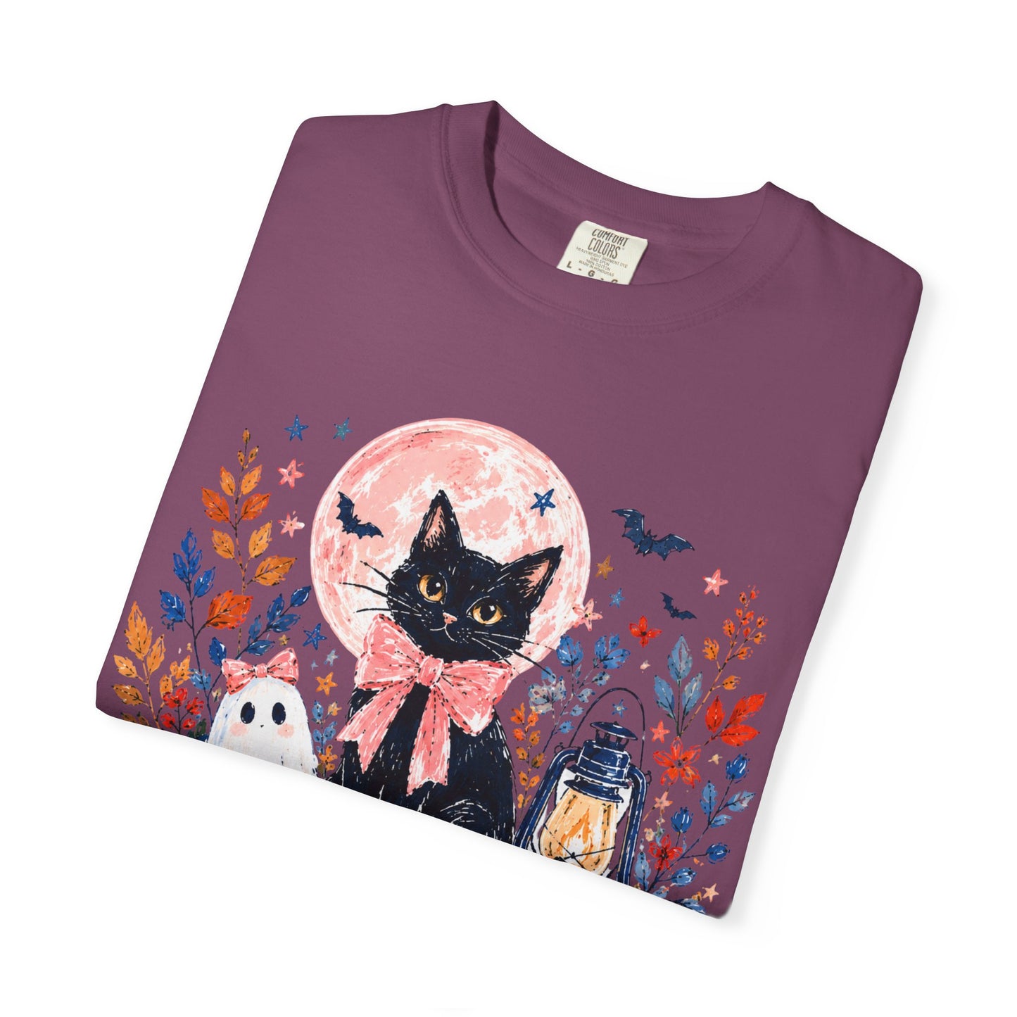 Black Cat with Pumpkins T-shirt | Halloween Moon Lantern Floral Design