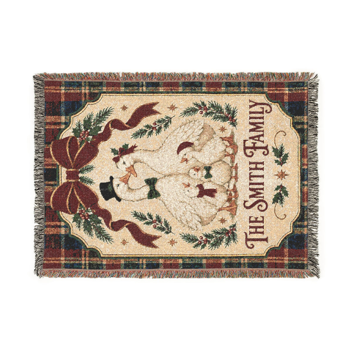 Personalized Goose Family Christmas Woven Blanket, Custom Last Name Tartan Plaid Throw, Vintage Holiday Family Gift