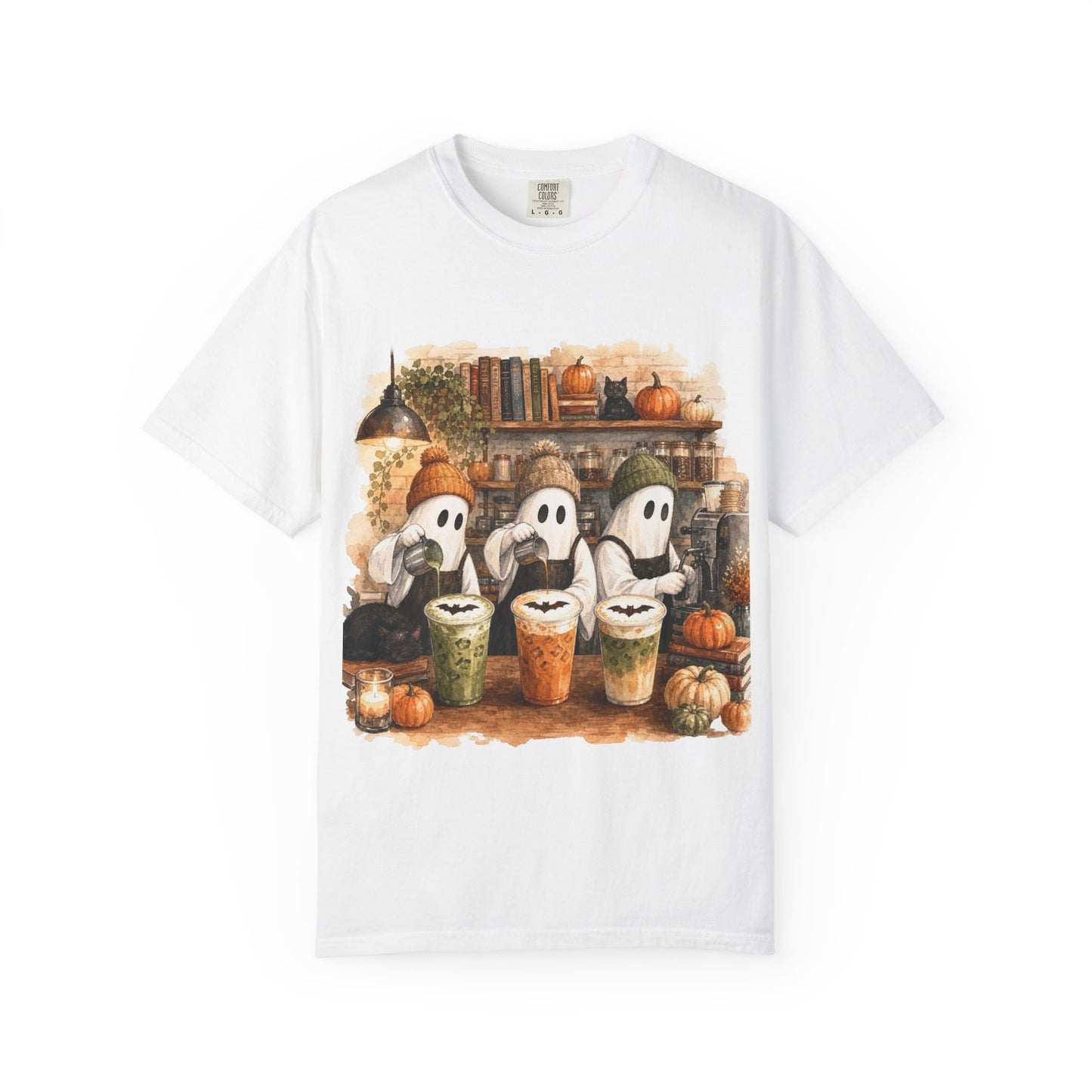 Ghost Trio with Pumpkin Lattes T-Shirt, Cute Halloween Coffee Shirt, Cozy Fall Ghost Tee, Pumpkin Spice Graphic, Autumn Coffee Lover Gift