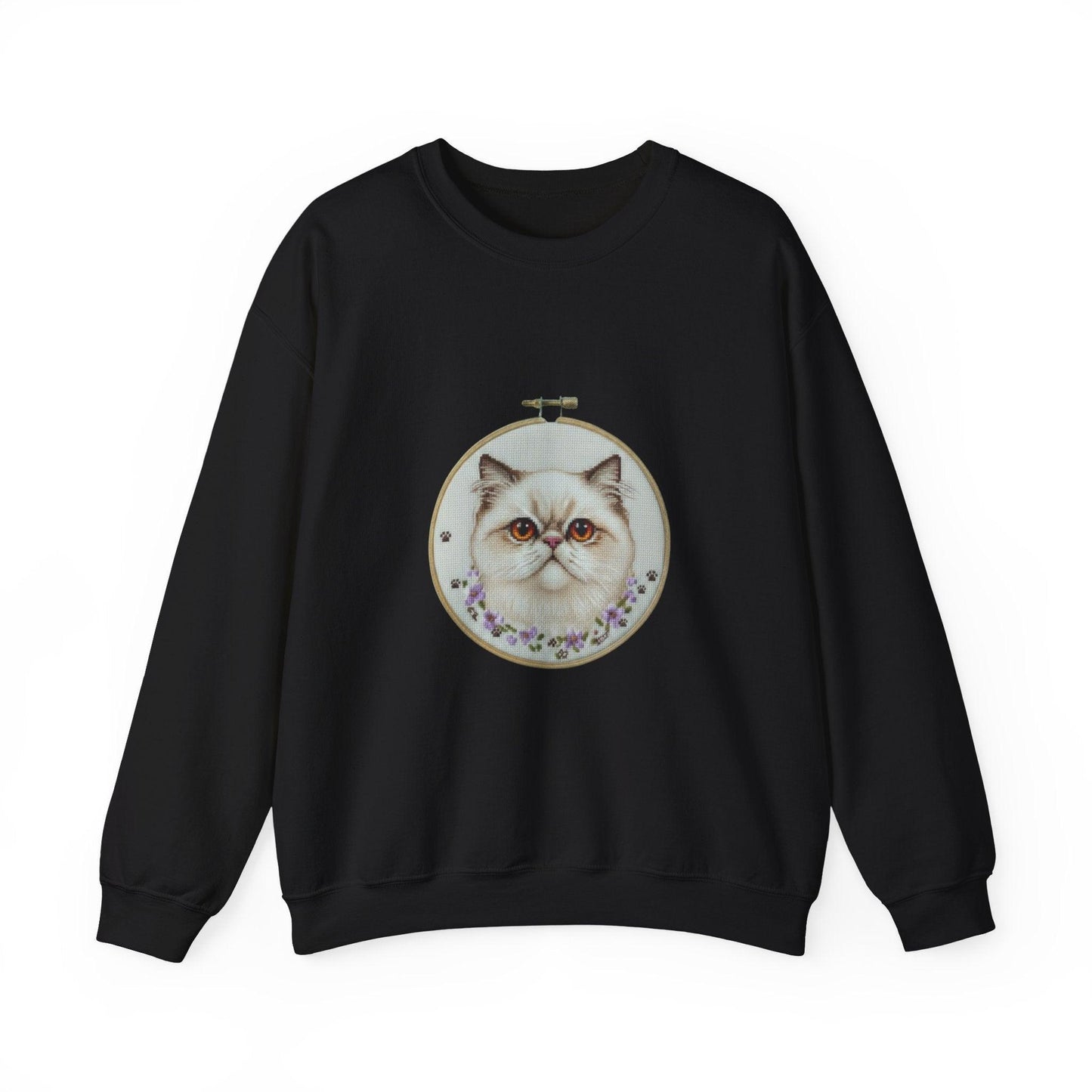 Grumpy Persian Cat Portrait Crewneck sweatshirt | Floral Embroidery Hoop Art