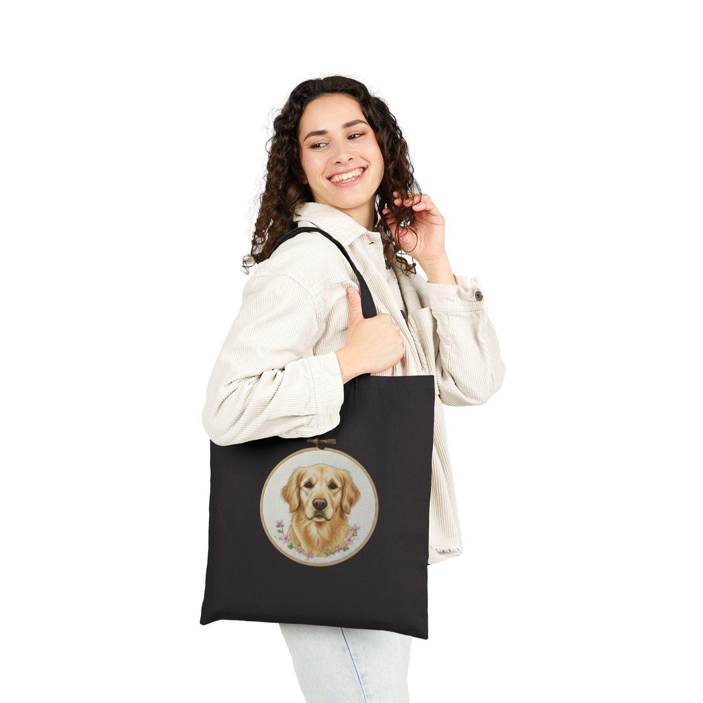 Golden Retriever Portrait Tote Bag | Dog Embroidery Hoop Artwork
