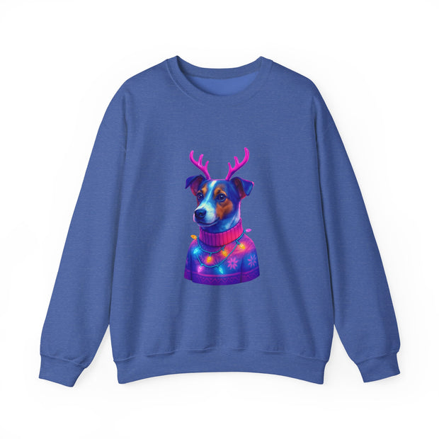 Neon Jack Russell in Reindeer Antlers Sweatshirt | Holiday Pet Portrait