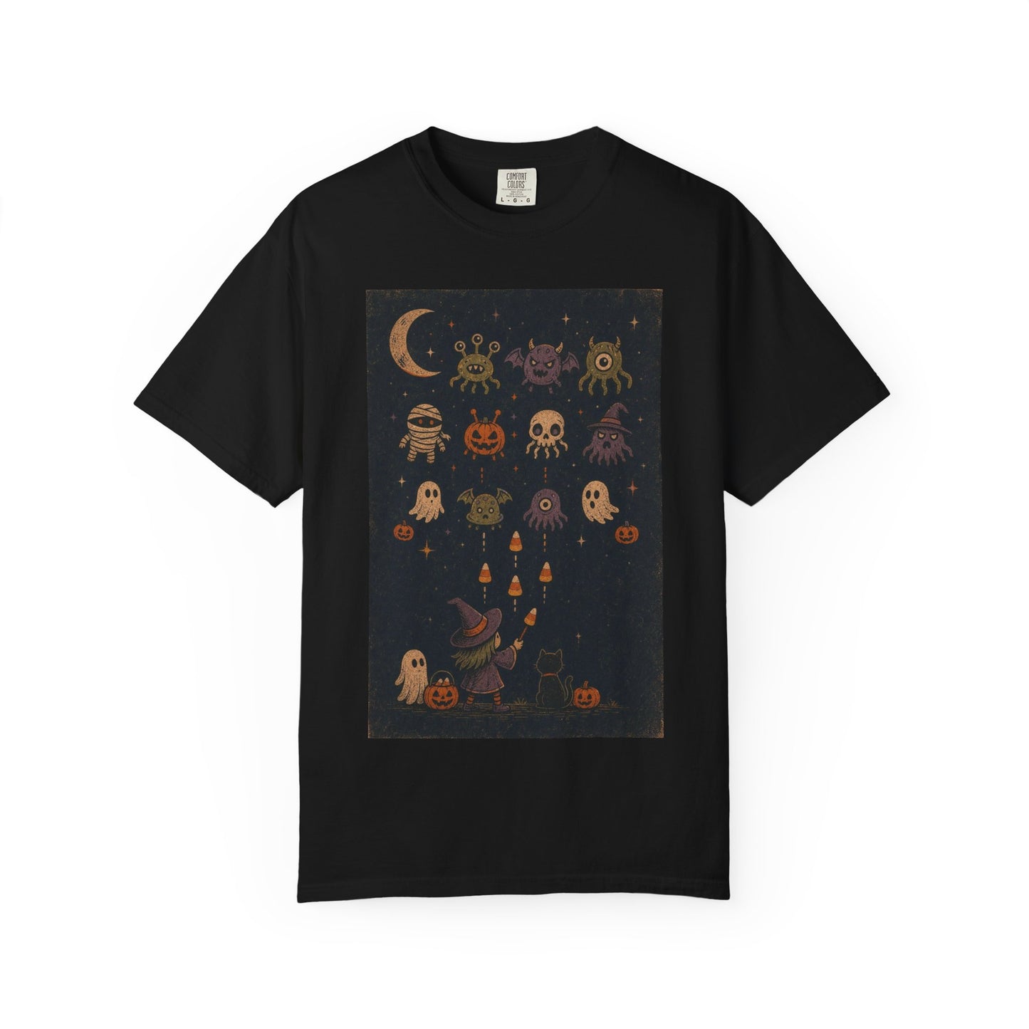 Cute Halloween Witch and Ghosts T-Shirt | Pumpkin Moon Spooky Illustration