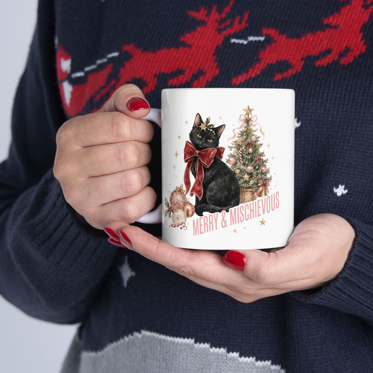 Black Cat Christmas Mug, Merry & Mischievous Cat Mug, Cat Lover Christmas Gift, Coquette Holiday Mug, Cute Black Cat Gift