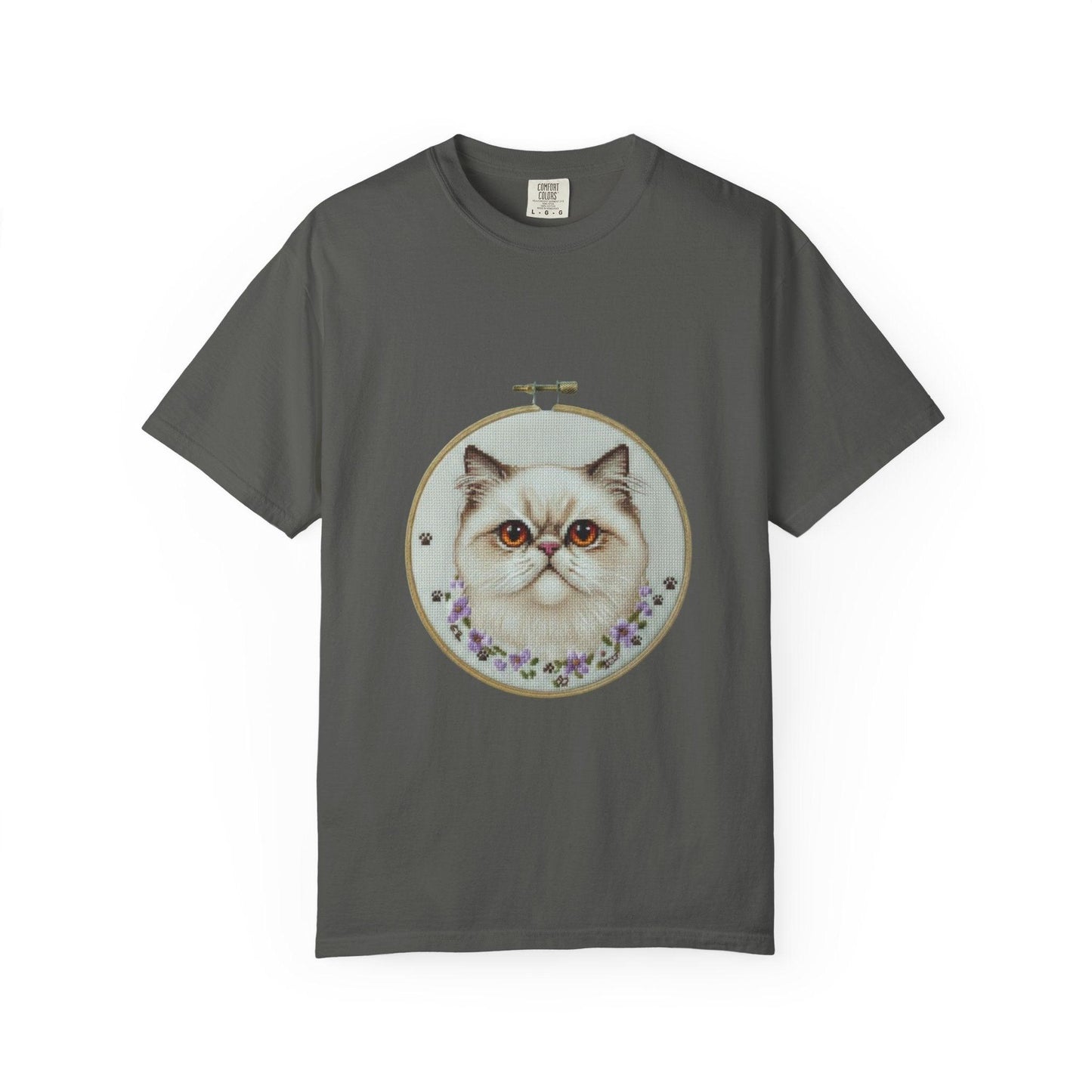 Persian Cat Portrait T-shirt | Embroidery Hoop Floral Illustration