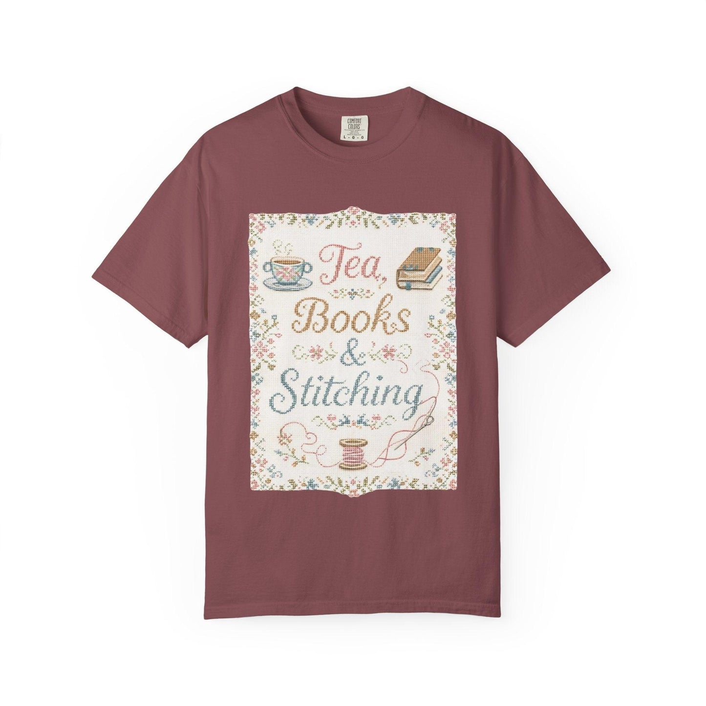 Tea Books & Stitching T-shirt | Reading, Sewing, Cozy Hobby Design