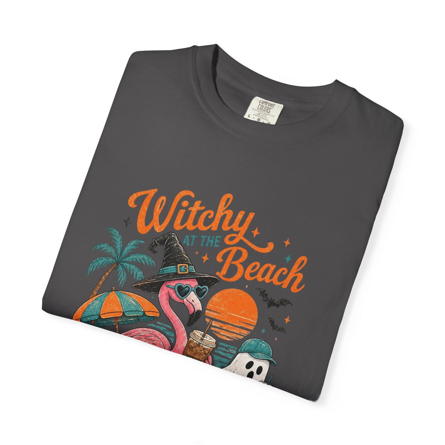 Witchy at the Beach T-shirt | Spooky Vibes Halloween Flamingo Design