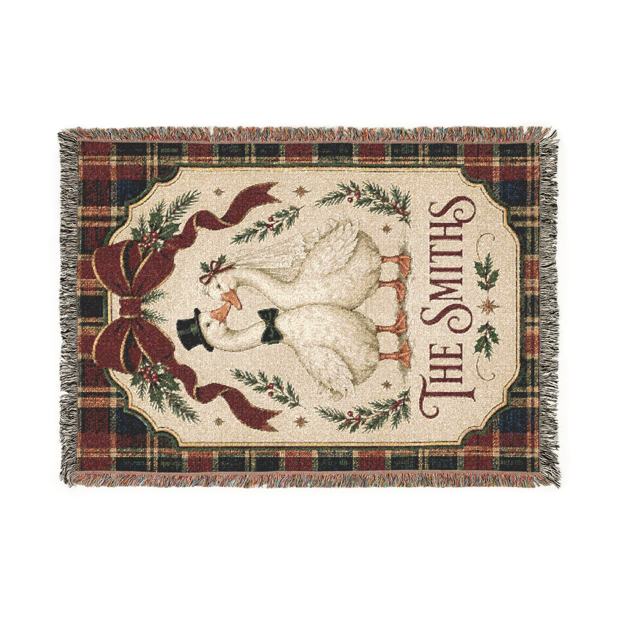 Personalized Christmas Goose Woven Blanket, Custom Family Name Tartan Plaid Throw, Married Silly Goose Newlywed Wedding Gift