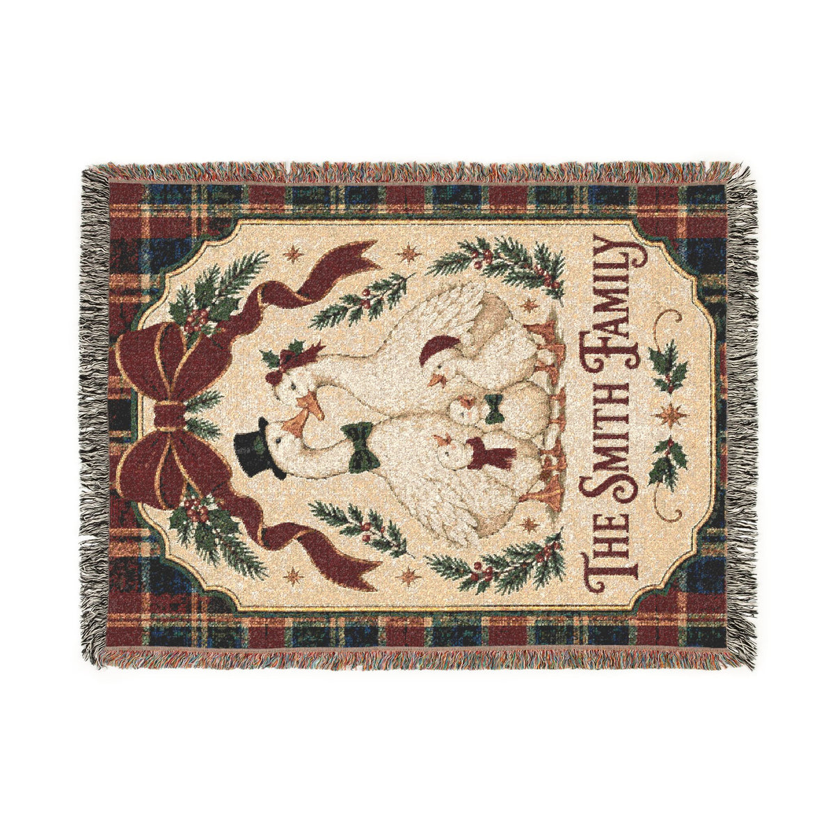 Personalized Goose Family Christmas Woven Blanket, Custom Last Name Tartan Plaid Throw, Vintage Holiday Family Gift