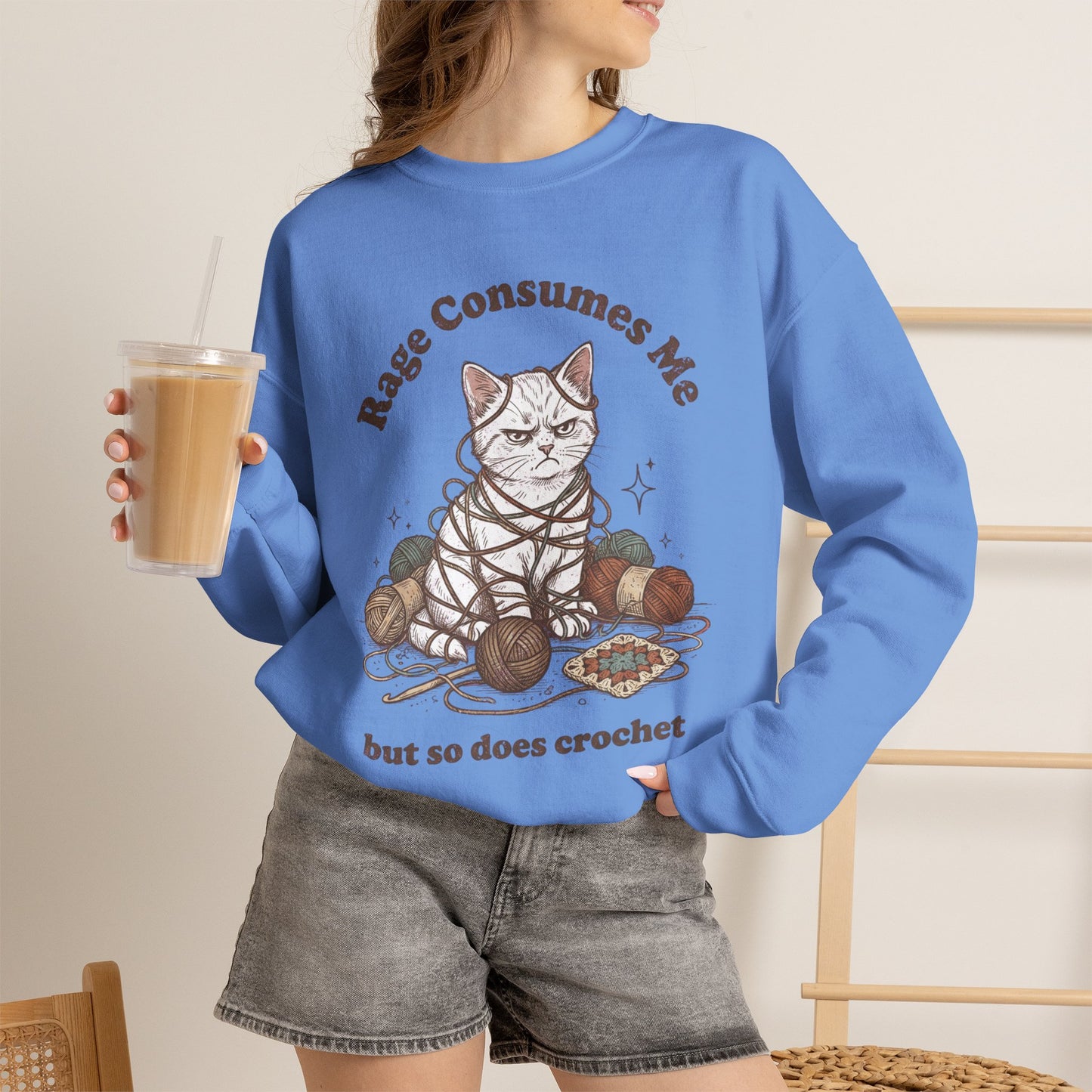 Rage Consumes Me Crochet Cat Shirt, Funny Knitting Tee, Grandma Hobbies Sweatshirt
