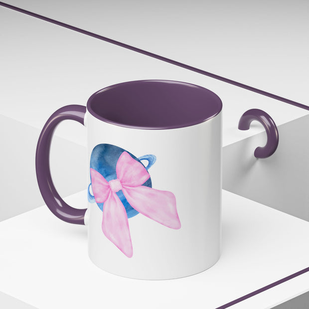 Blue Saturn Wrapped In A Pink Bow Accent Coffee Mug