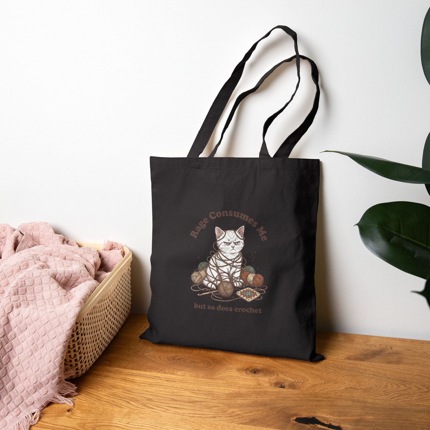 Rage Consumes Me Crochet Tote Bag, Funny Yarn Lover Canvas Tote, Grandma Hobbies Bag, Crochet Cat Market Bag, Knitting Gift