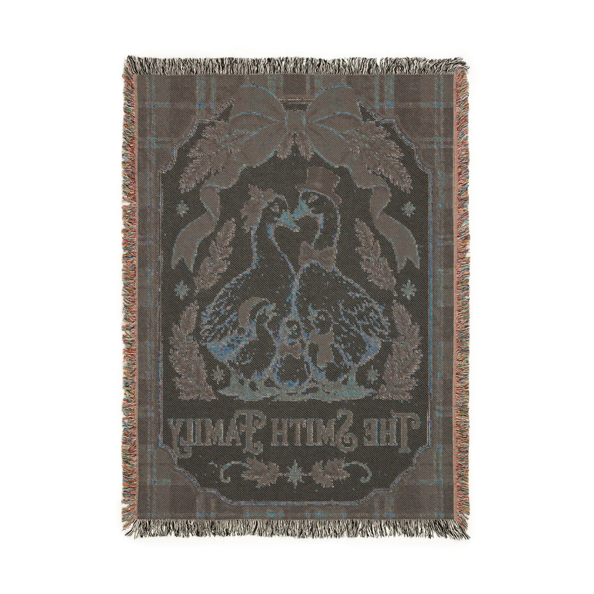 Personalized Goose Family Christmas Woven Blanket, Custom Last Name Tartan Plaid Throw, Vintage Holiday Family Gift