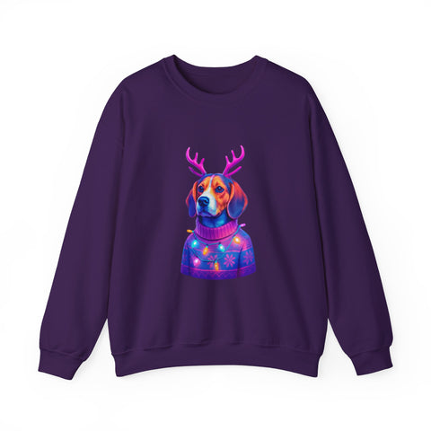 Beagle with Reindeer Antlers Sweatshirt | Colorful Holiday Dog Illustration