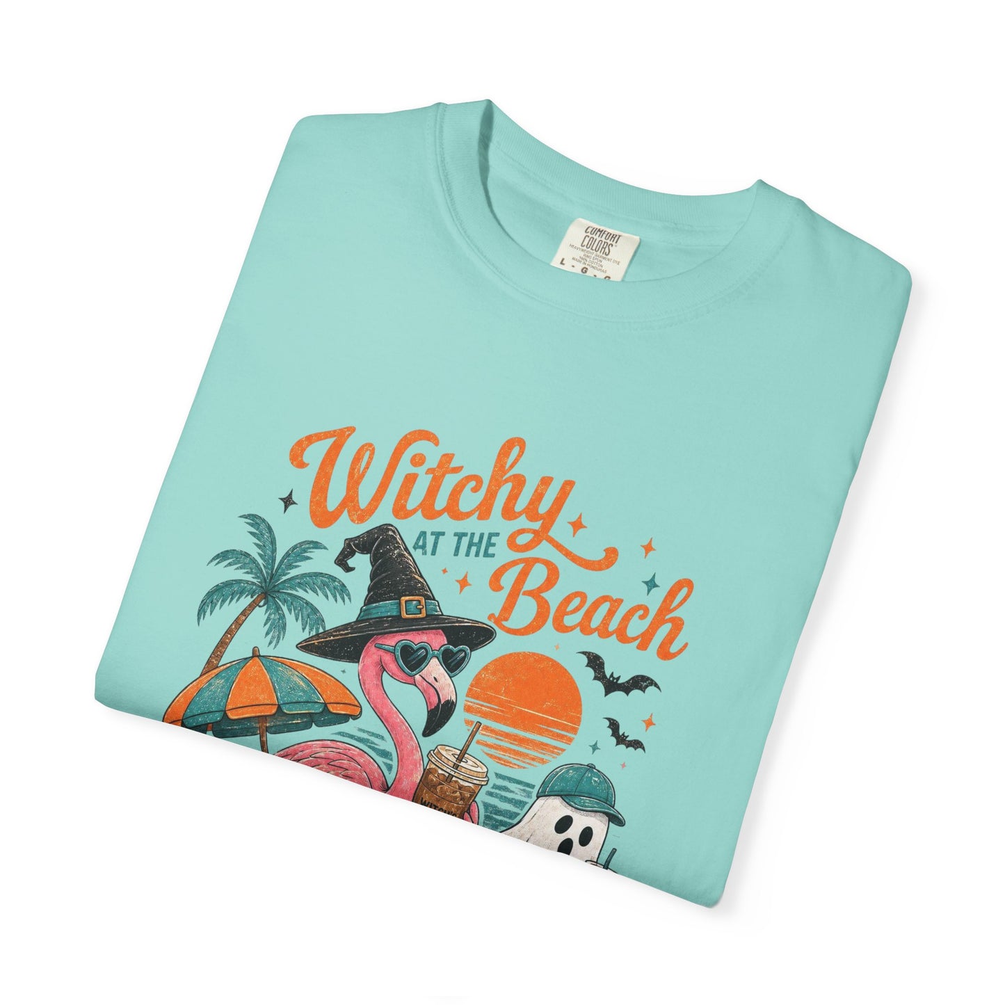 Witchy at the Beach T-shirt | Spooky Vibes Halloween Flamingo Design