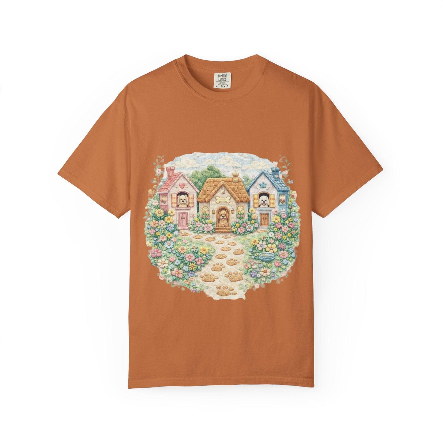 Cute Cottage Row illustration T-shirt | pastel village floral path