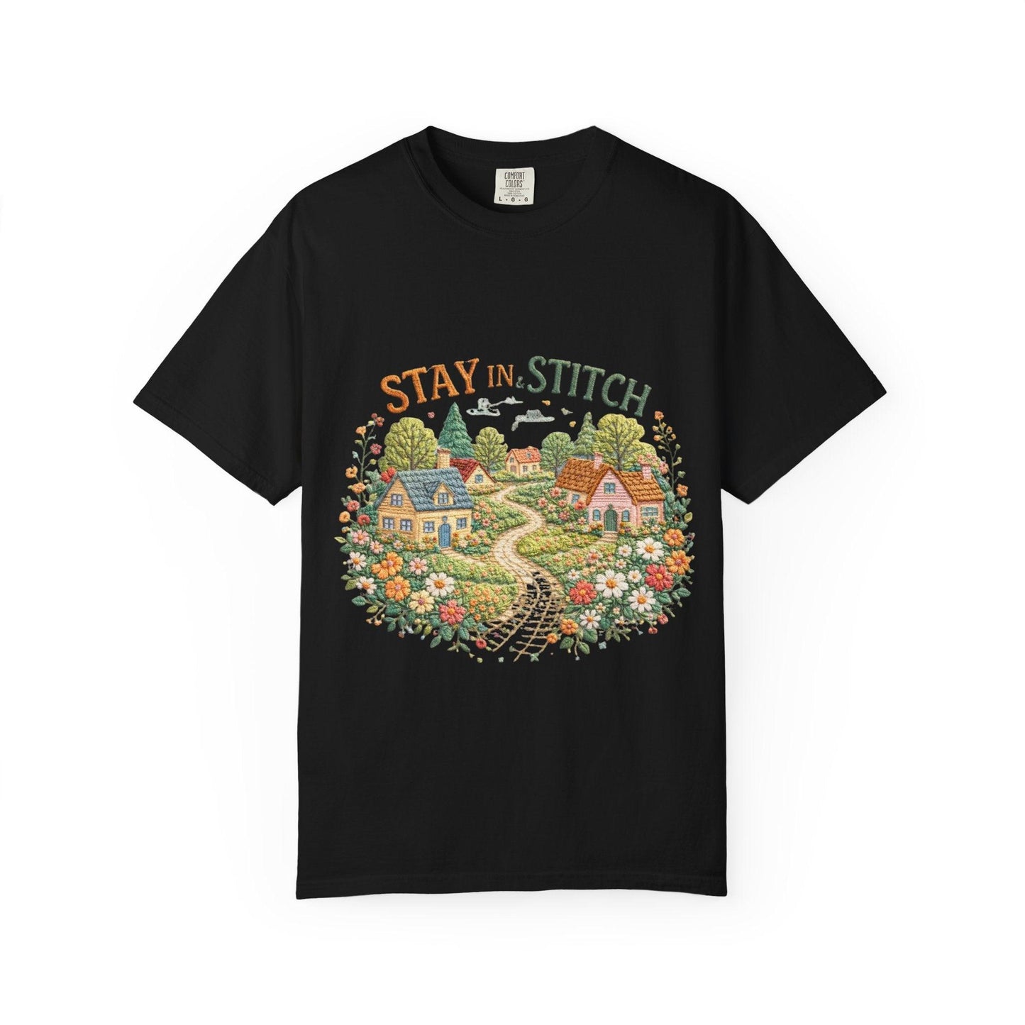 Stay In and Stitch Shirt, Cottagecore Sewing Tee, Grandma Hobbies Top, Vintage Cross Stitch Floral Village