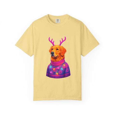 Golden Retriever with Antlers sweater T-Shirt | Neon Holiday Dog Design