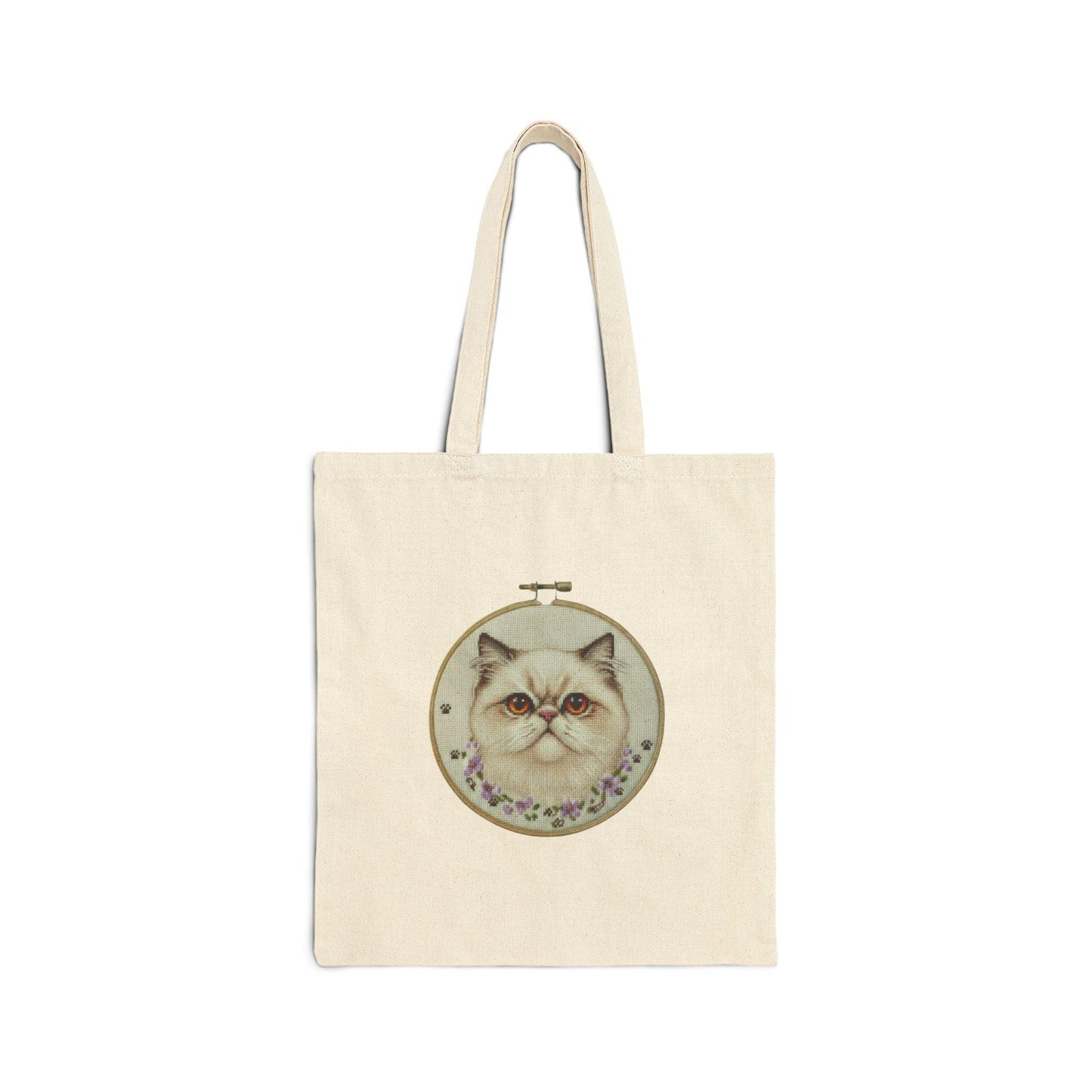 Vintage Embroidery Kit Cat Tote Bag | Persian Cat Hoop Art, Floral Accent