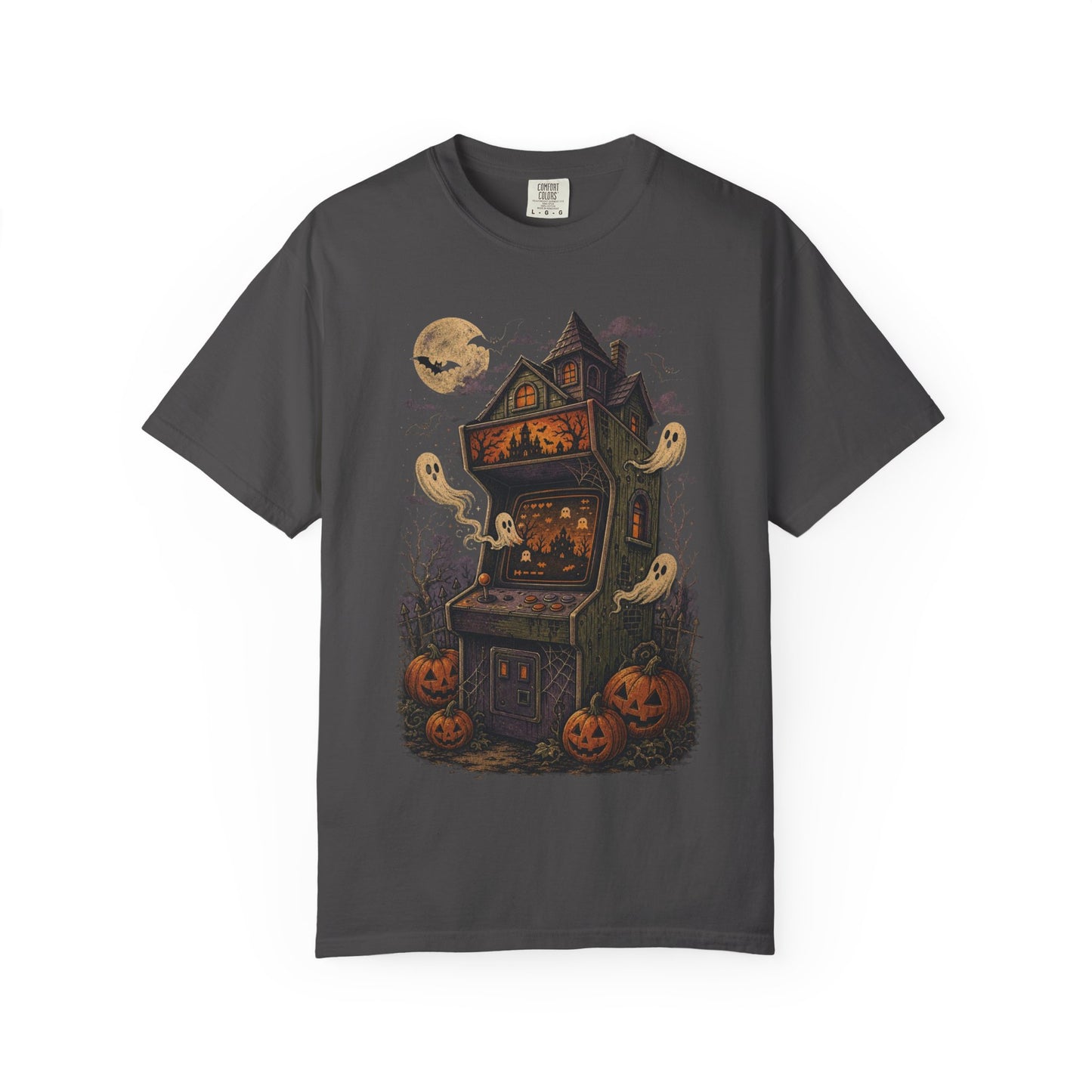Haunted Arcade Cabinet T-shirt | Halloween ghosts, jack-o'-lanterns, moonlit haunted house
