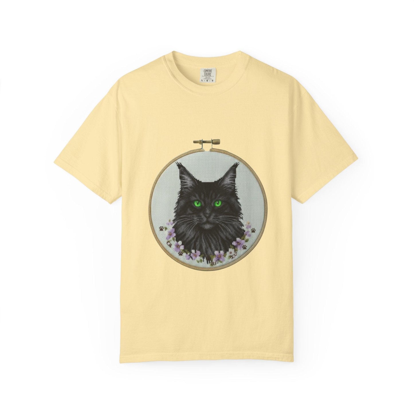 Black Cat Portrait T-Shirt | Embroidery Hoop Art, Green Eyes