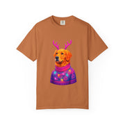 Golden Retriever with Antlers sweater T-Shirt | Neon Holiday Dog Design