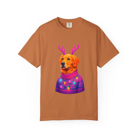 Golden Retriever with Antlers sweater T-Shirt | Neon Holiday Dog Design