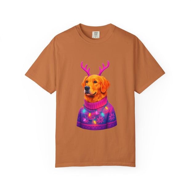 Golden Retriever with Antlers sweater T-Shirt | Neon Holiday Dog Design
