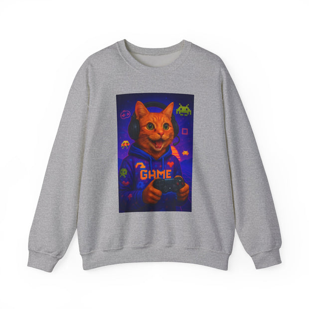 Gaming Cat Crewneck Sweatshirt, Funny Gift for Gamers, Cozy Cat Lover Apparel, Cute Sweatshirt for Gaming Night, Unisex Cat Sweatshirt