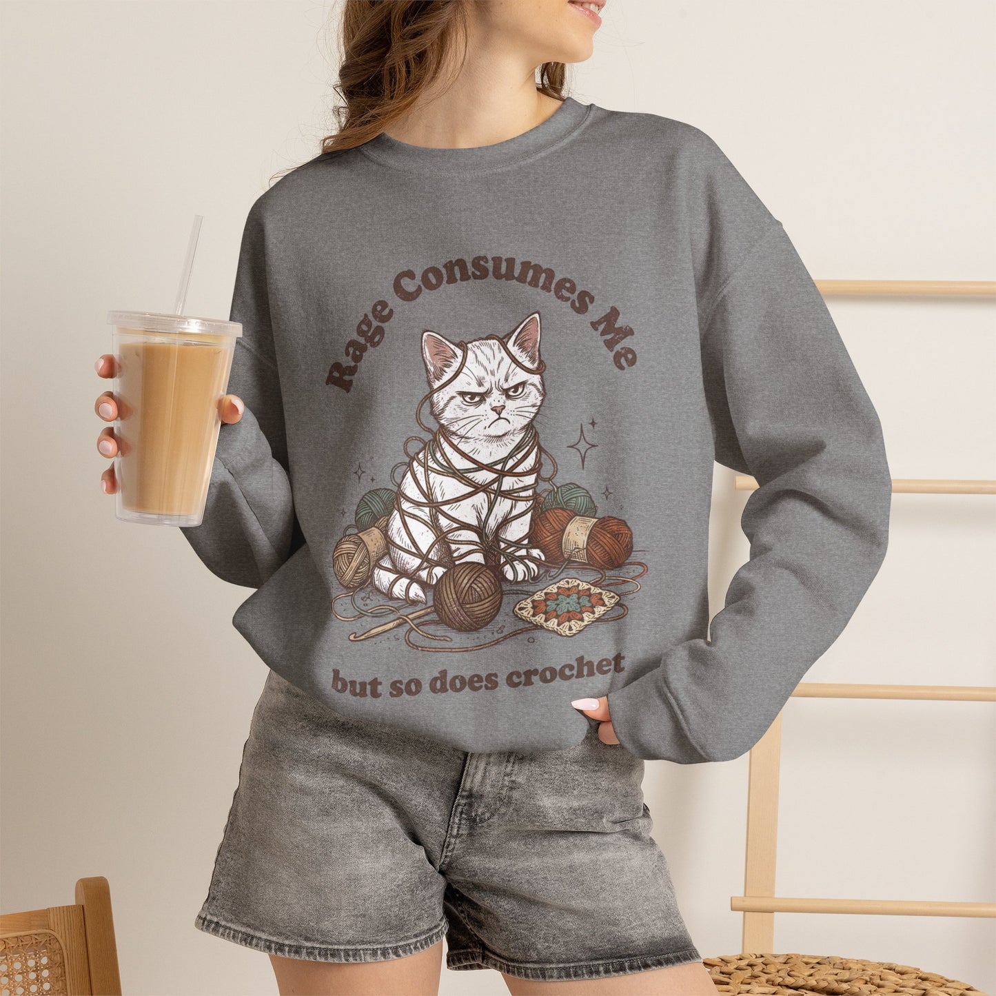 Rage Consumes Me Crochet Cat Shirt, Funny Knitting Tee, Grandma Hobbies Sweatshirt